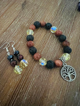 Load image into Gallery viewer, Gold Sunstone, Swartzski Crystals and Lava Bead Bracelet with ‘Free Earrings’
