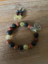 Load image into Gallery viewer, Gold Sunstone, Swartzski Crystals and Lava Bead Bracelet with ‘Free Earrings’
